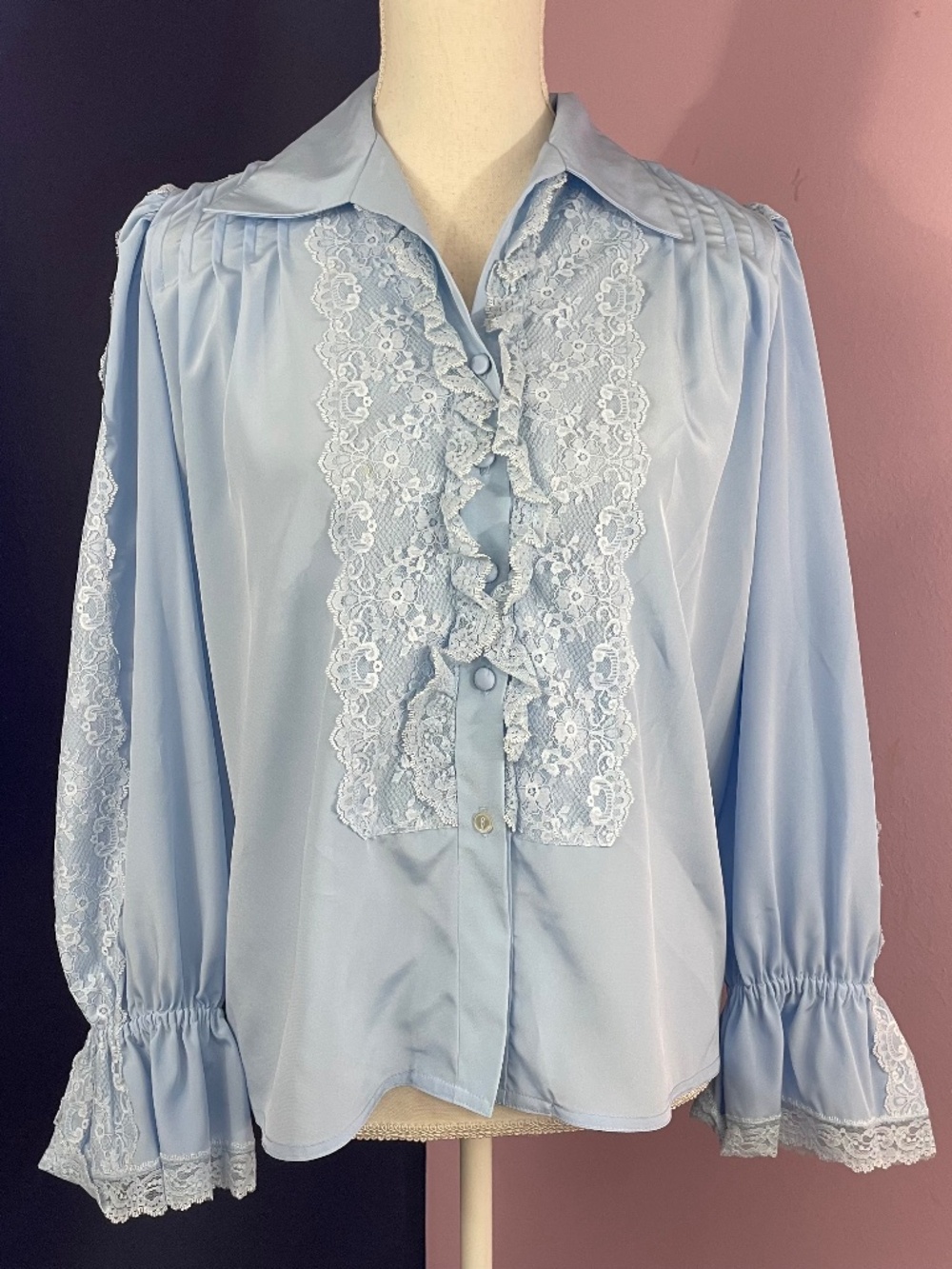 Victorian Lace Blouse Periwinkle Sky Blue Balloon Lantern Sleeve Button-up Shirt